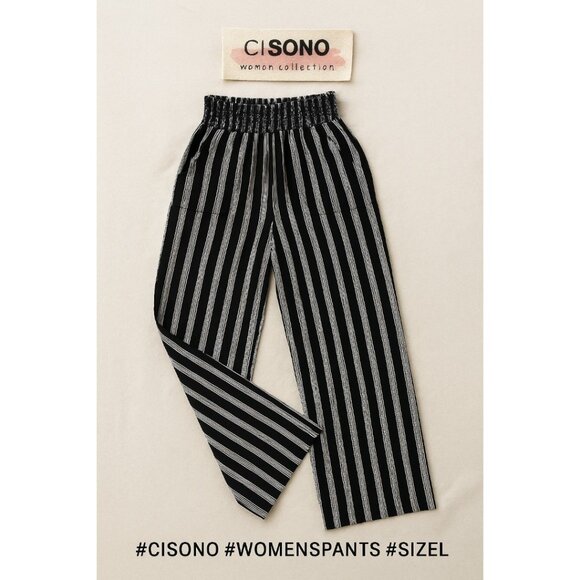 Ci Sono Black & White Stripe Wide Leg Pants – Smocked Waist – Size L - Picture 1 of 11